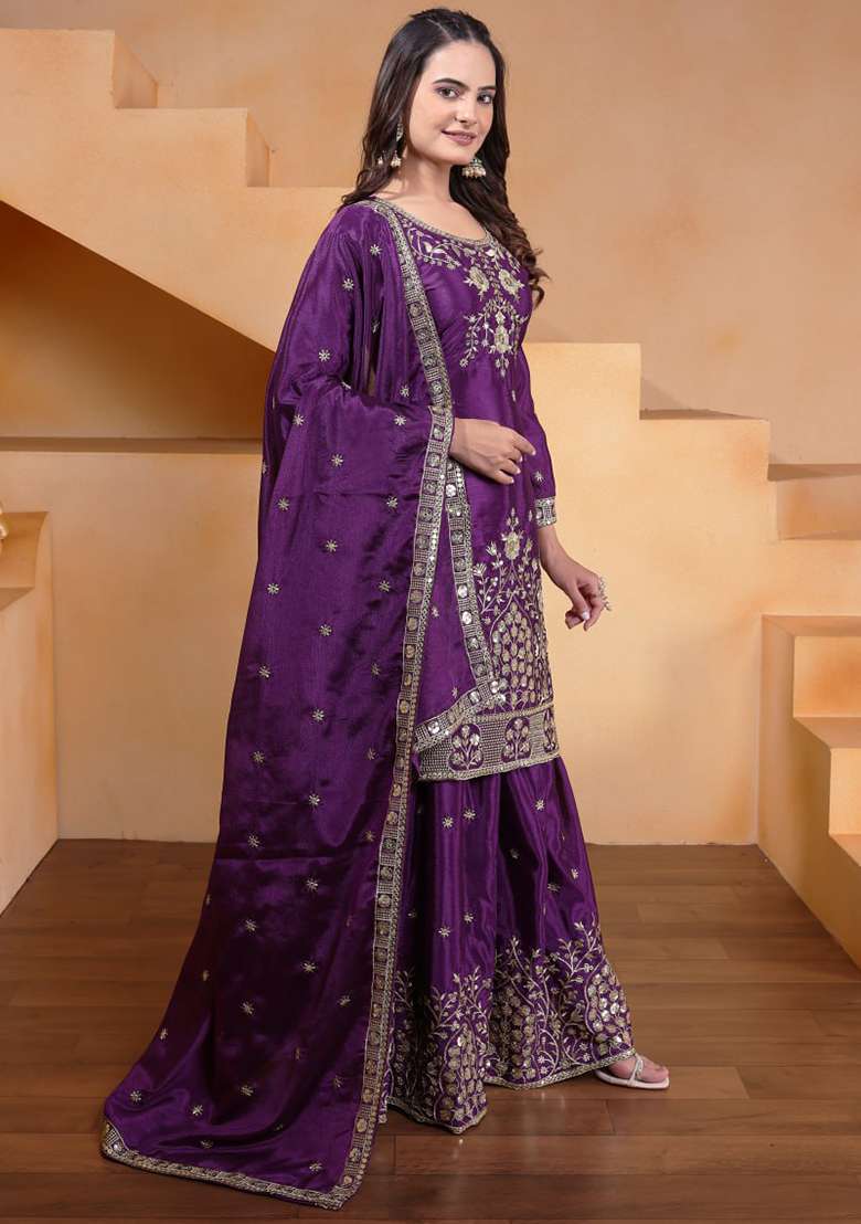 Wine Embroidered Chinon Sharara Set - Indya