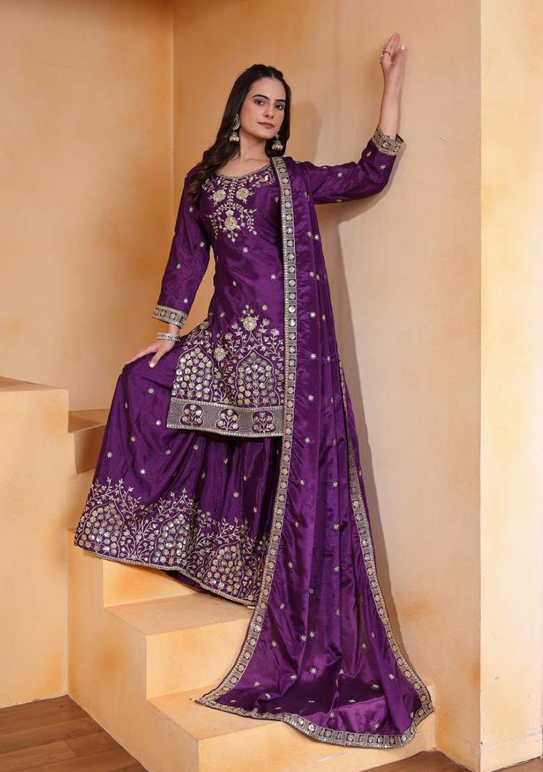 Wine Embroidered Chinon Sharara Set - Indya
