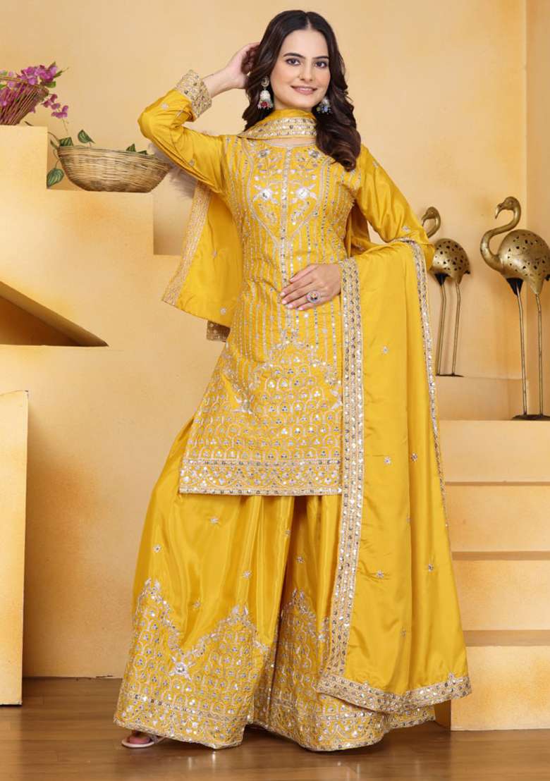 Yellow Embroidered Chinon Sharara Set - Indya
