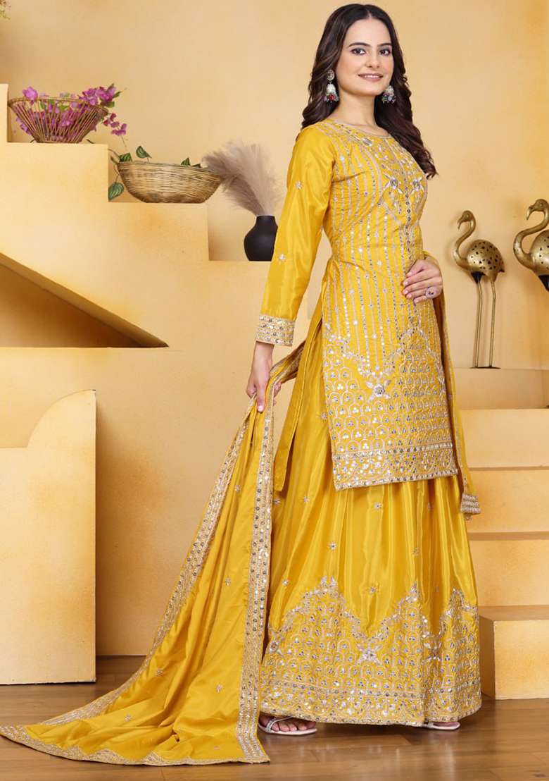 Yellow Embroidered Chinon Sharara Set - Indya