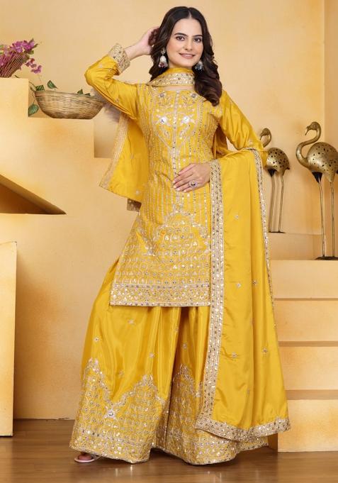 Yellow  Embroidery Chinon Silk  Salwar Suit