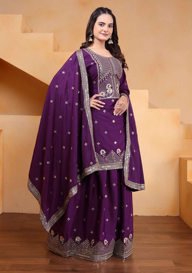 Wine Embroidered Silk Blend Sharara Set - Indya