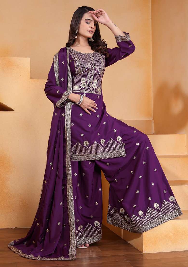Wine Embroidered Silk Blend Sharara Set - Indya