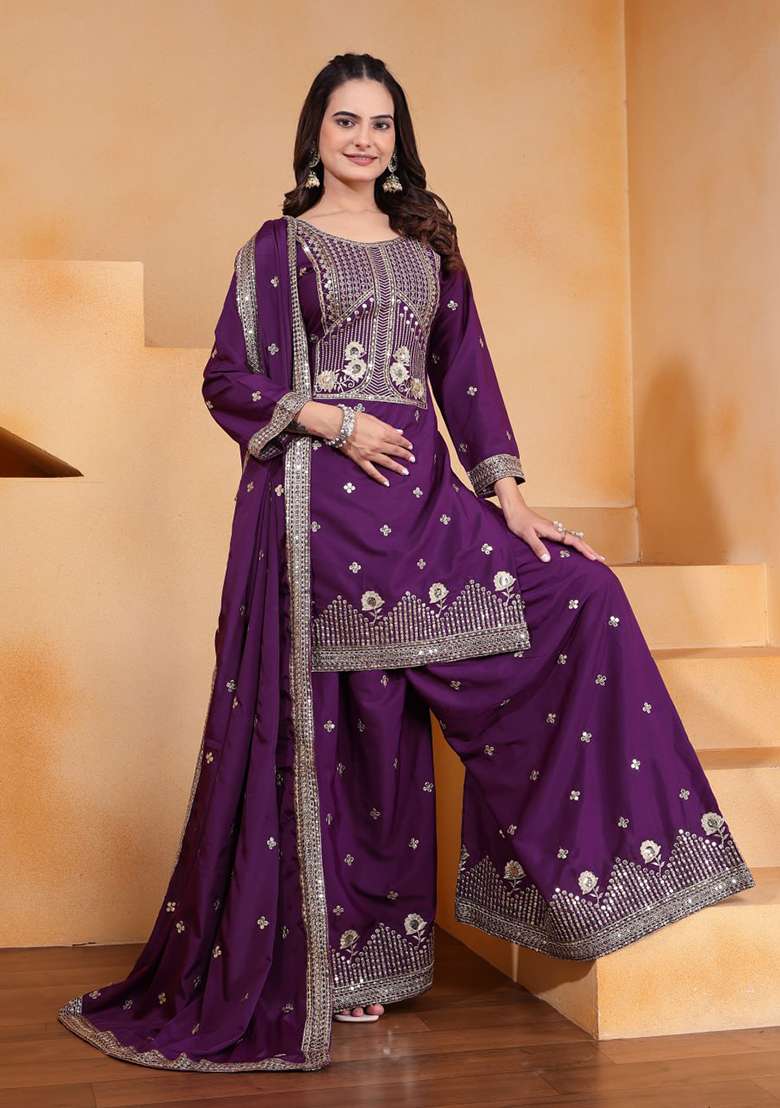 Wine Embroidered Silk Blend Sharara Set - Indya