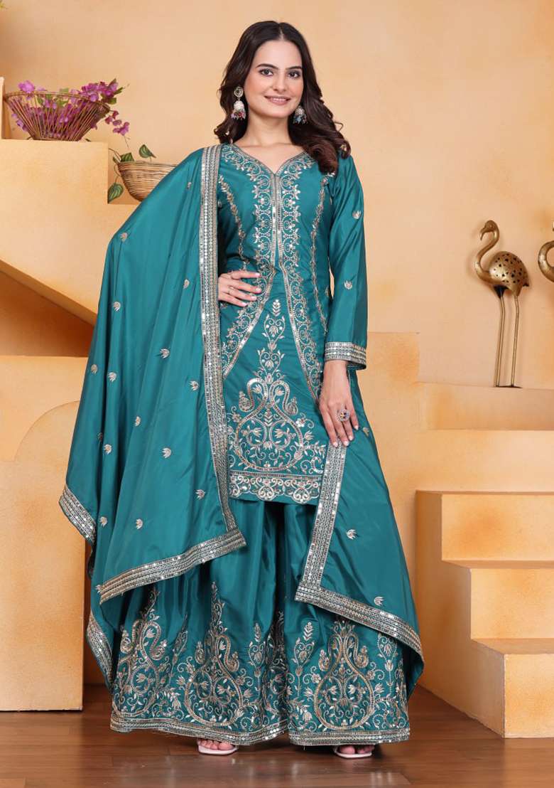 Green Embroidered Silk Blend Sharara Set - Indya