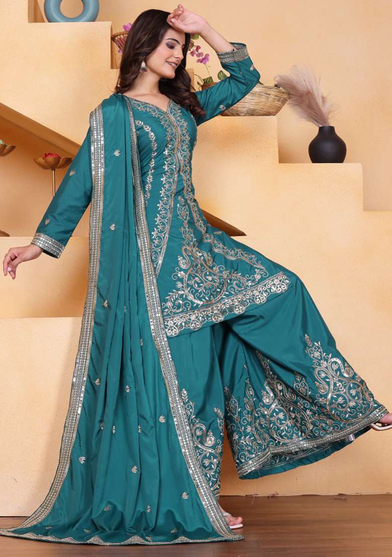 Green Embroidered Silk Blend Sharara Set - Indya