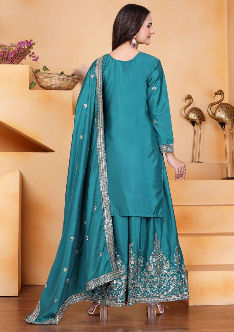 Green Embroidered Silk Blend Sharara Set - Indya