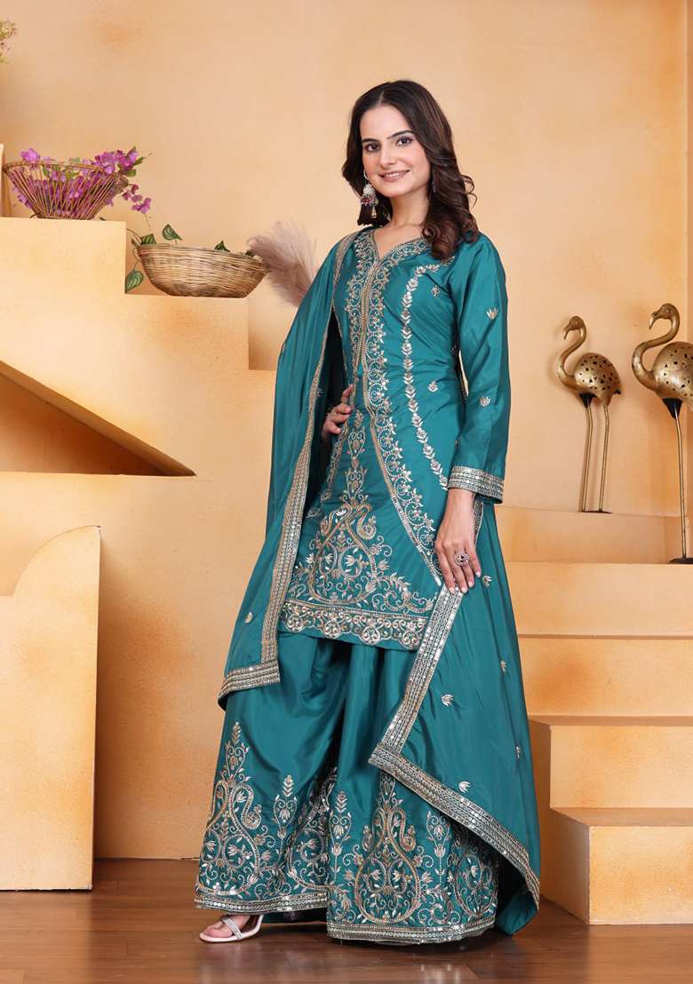 Green Embroidered Silk Blend Sharara Set - Indya