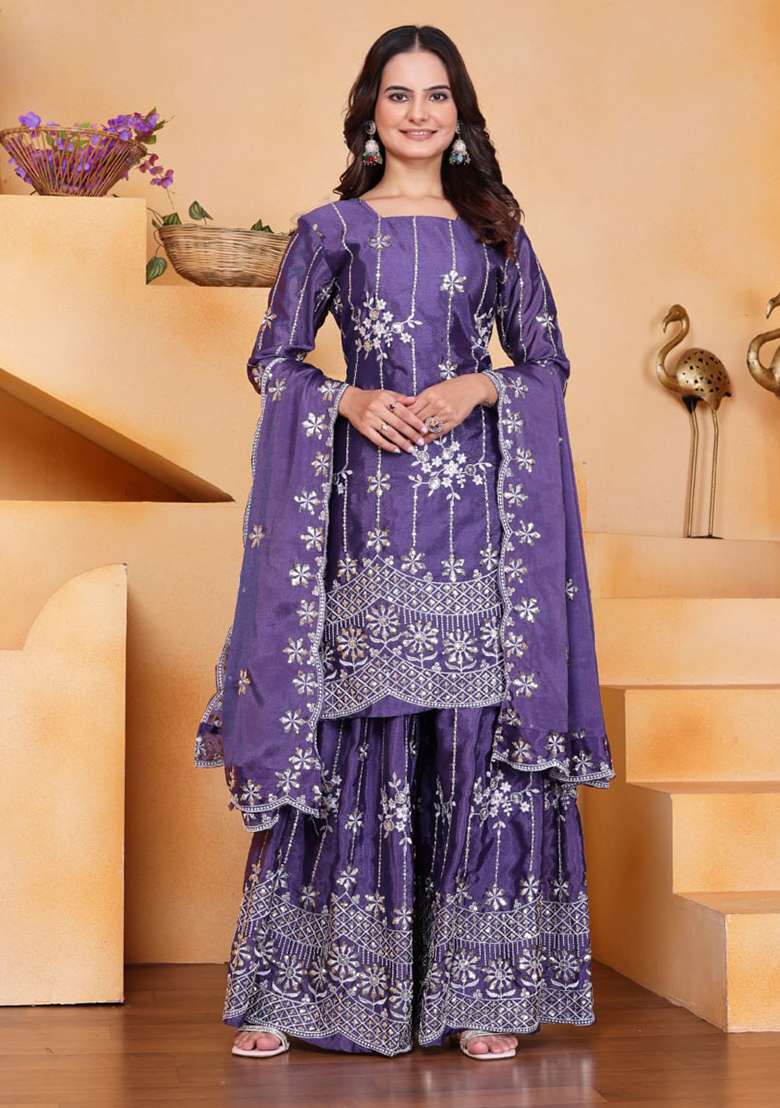 Purple Embroidered Chinon Sharara Set - Indya