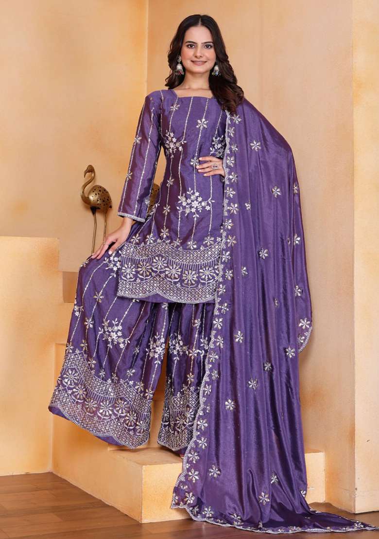 Purple Embroidered Chinon Sharara Set - Indya