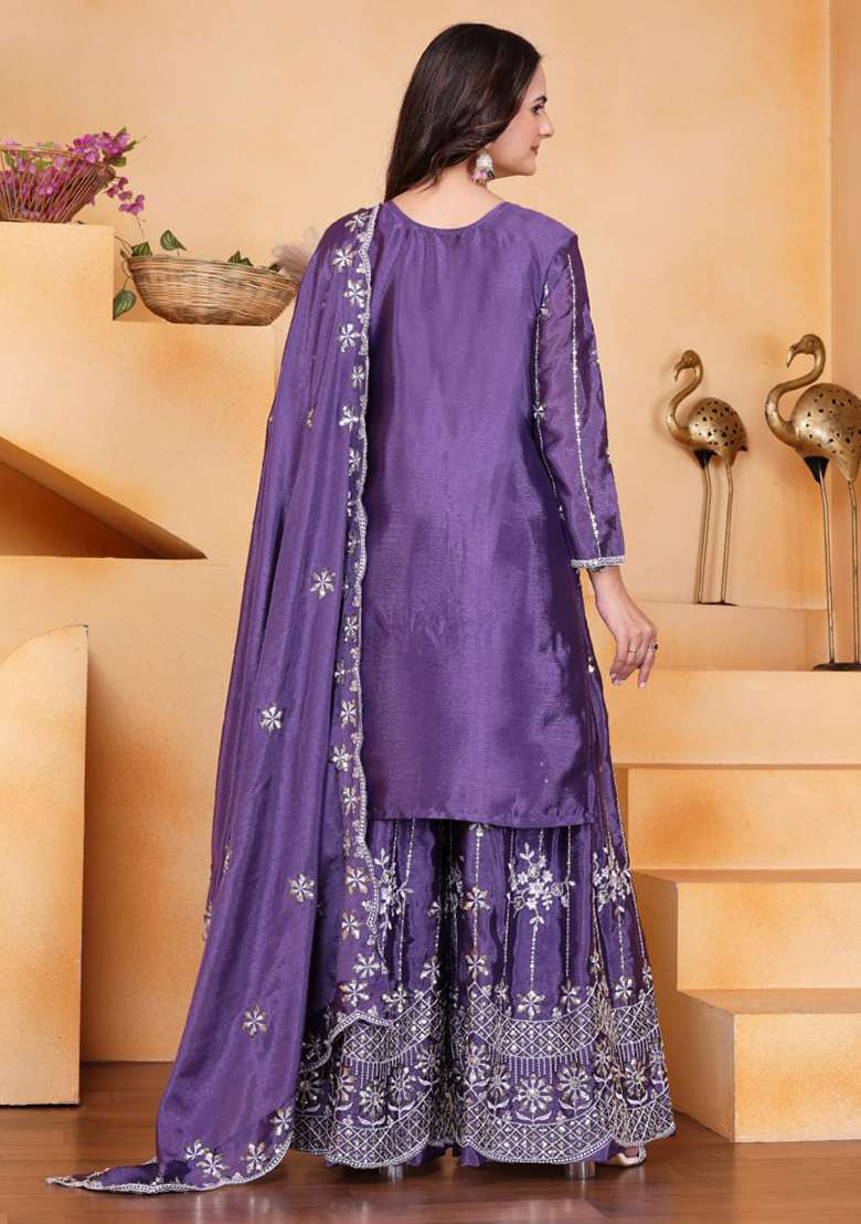 Purple Embroidered Chinon Sharara Set - Indya
