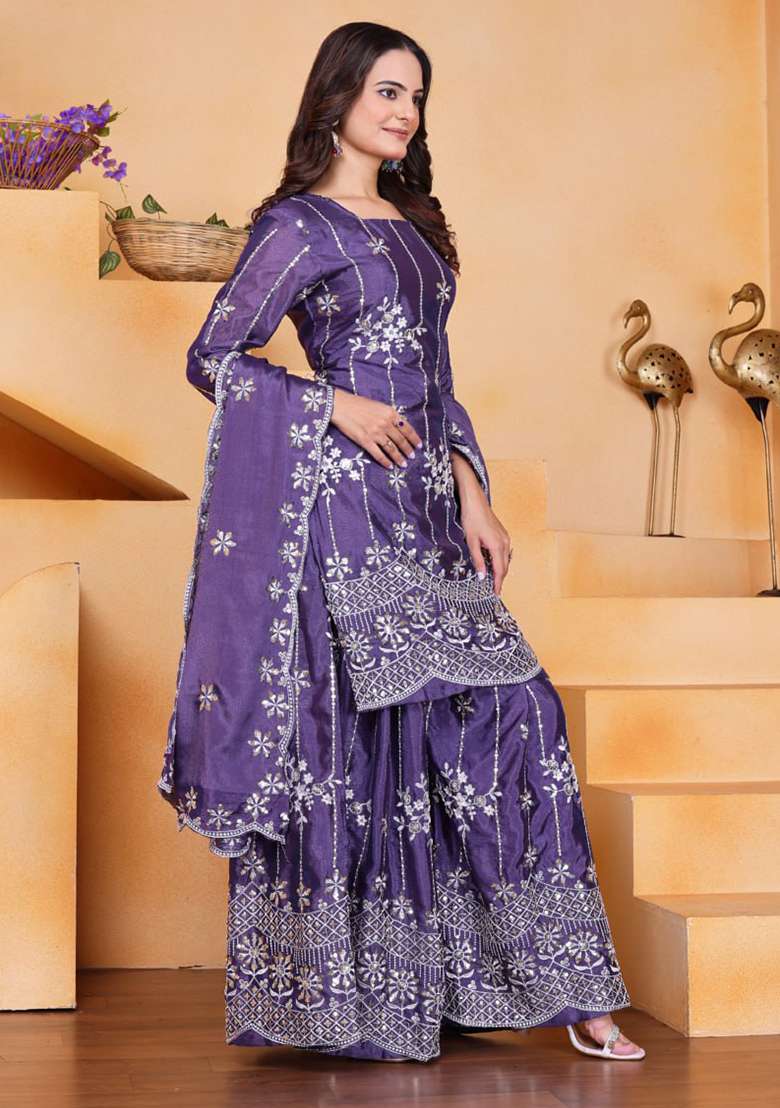 Purple Embroidered Chinon Sharara Set - Indya