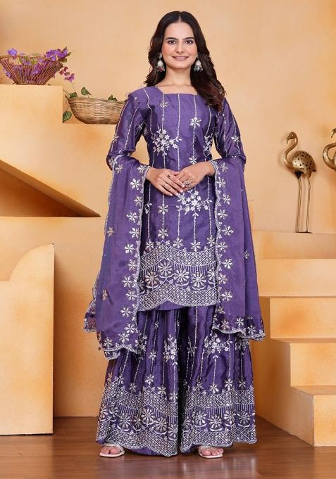 Purple  Embroidery Chinon Silk  Salwar Suit