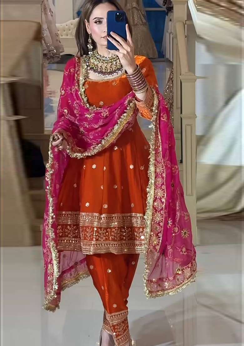 Orange Embroidered Silk Blend Punjabi Suit - Indya