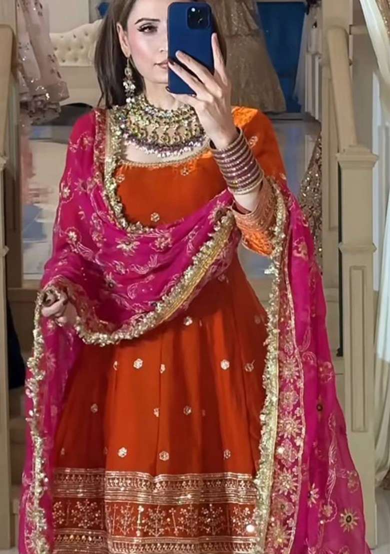 Orange Embroidered Silk Blend Punjabi Suit - Indya