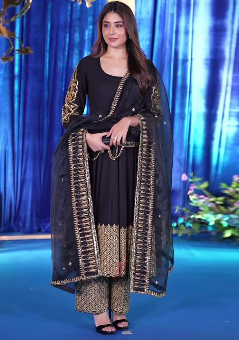 Black Embroidered Silk Blend Straight Kurta Set - Indya
