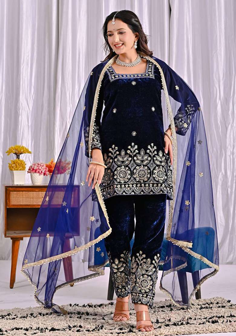 Navy Blue Embroidered Viscose Pakistani Suit Set - Indya