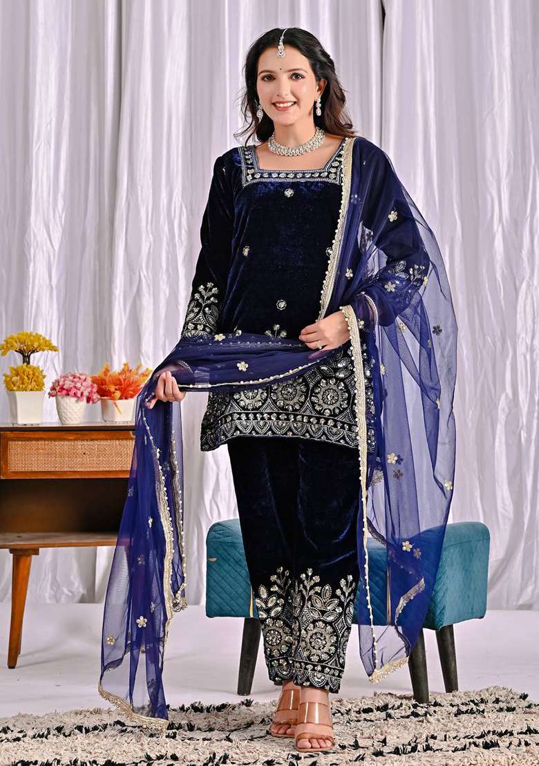 Navy Blue Embroidered Viscose Pakistani Suit Set - Indya