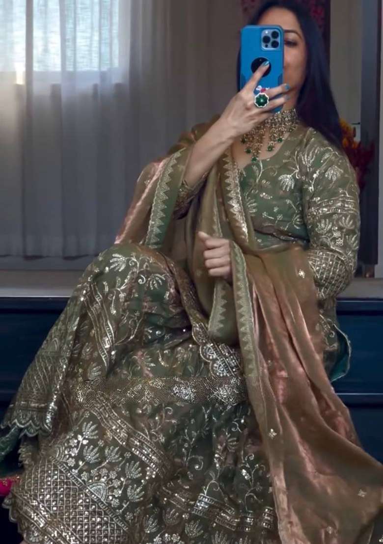 Green Embroidered Gold Crush Anarkali Set - Indya