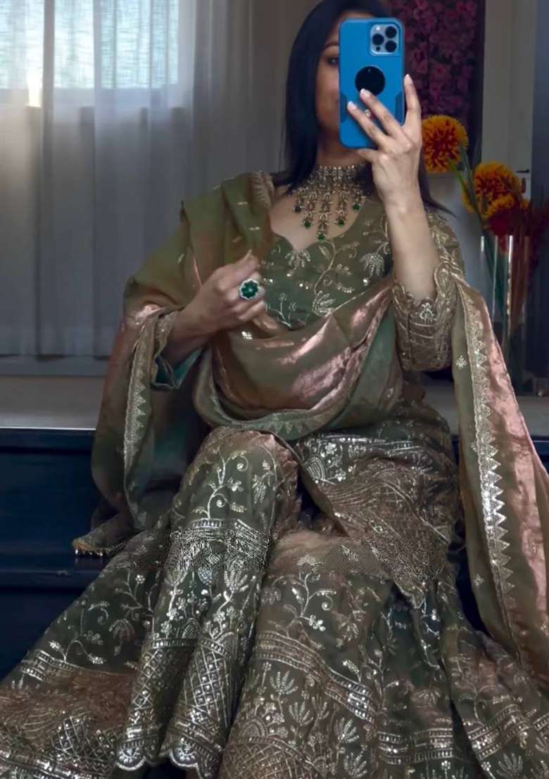 Green Embroidered Gold Crush Anarkali Set - Indya