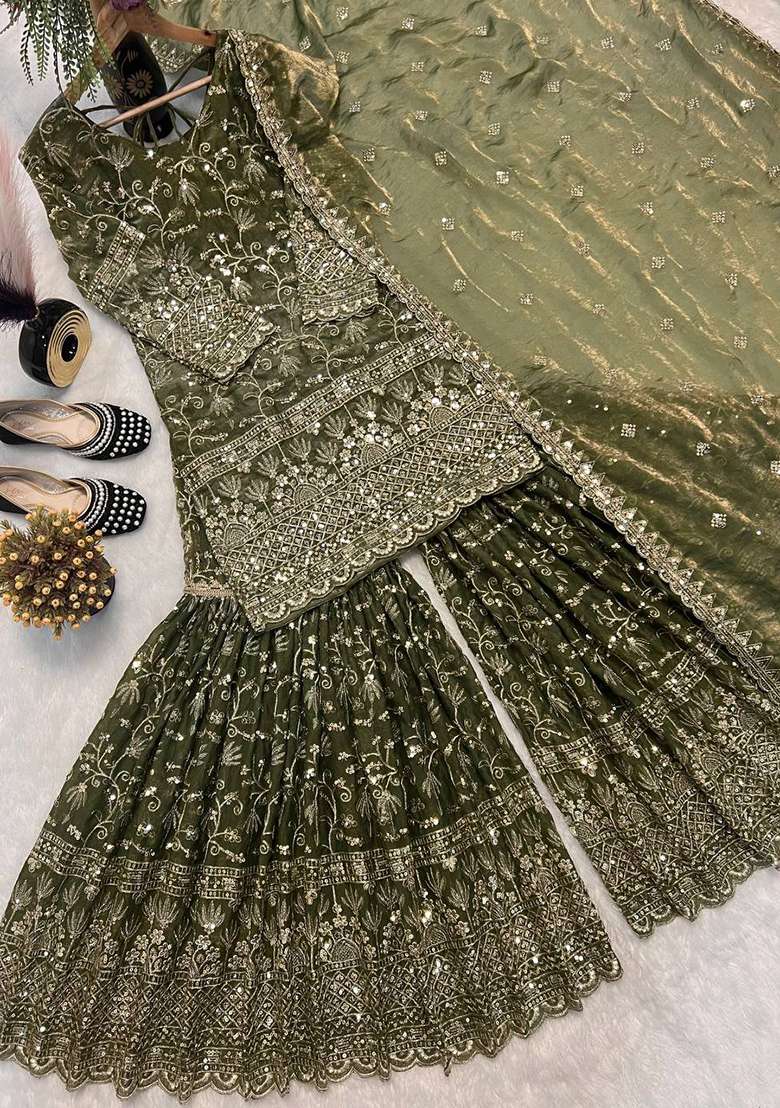 Green Embroidered Gold Crush Anarkali Set - Indya