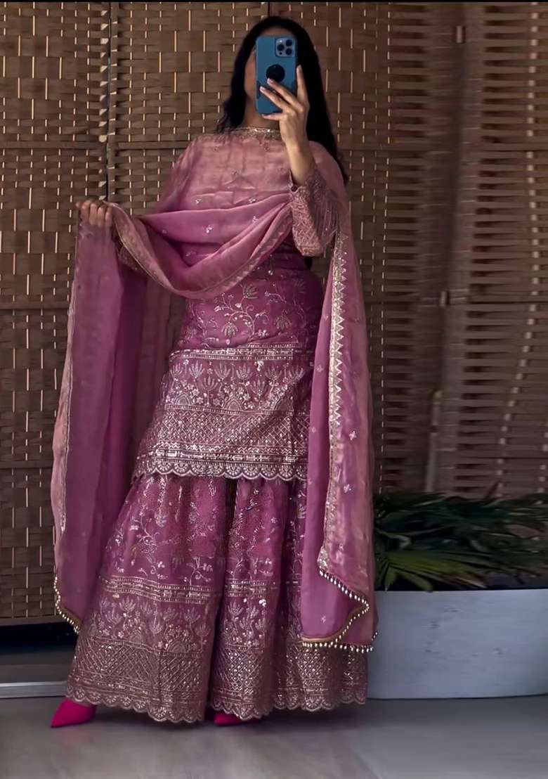 Peach Embroidered Silk Blend Sharara Set - Indya