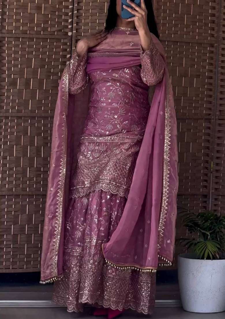 Peach Embroidered Silk Blend Sharara Set - Indya