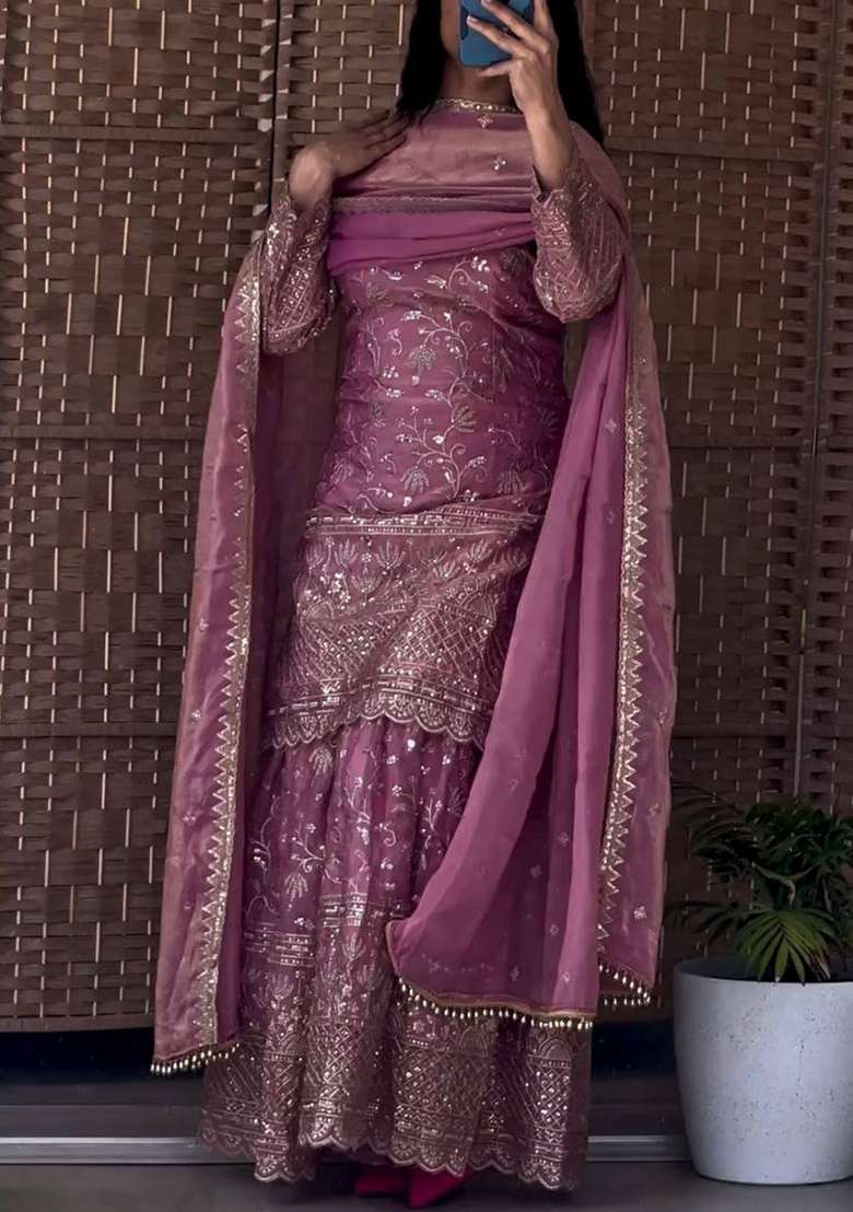 Peach Embroidered Silk Blend Sharara Set - Indya