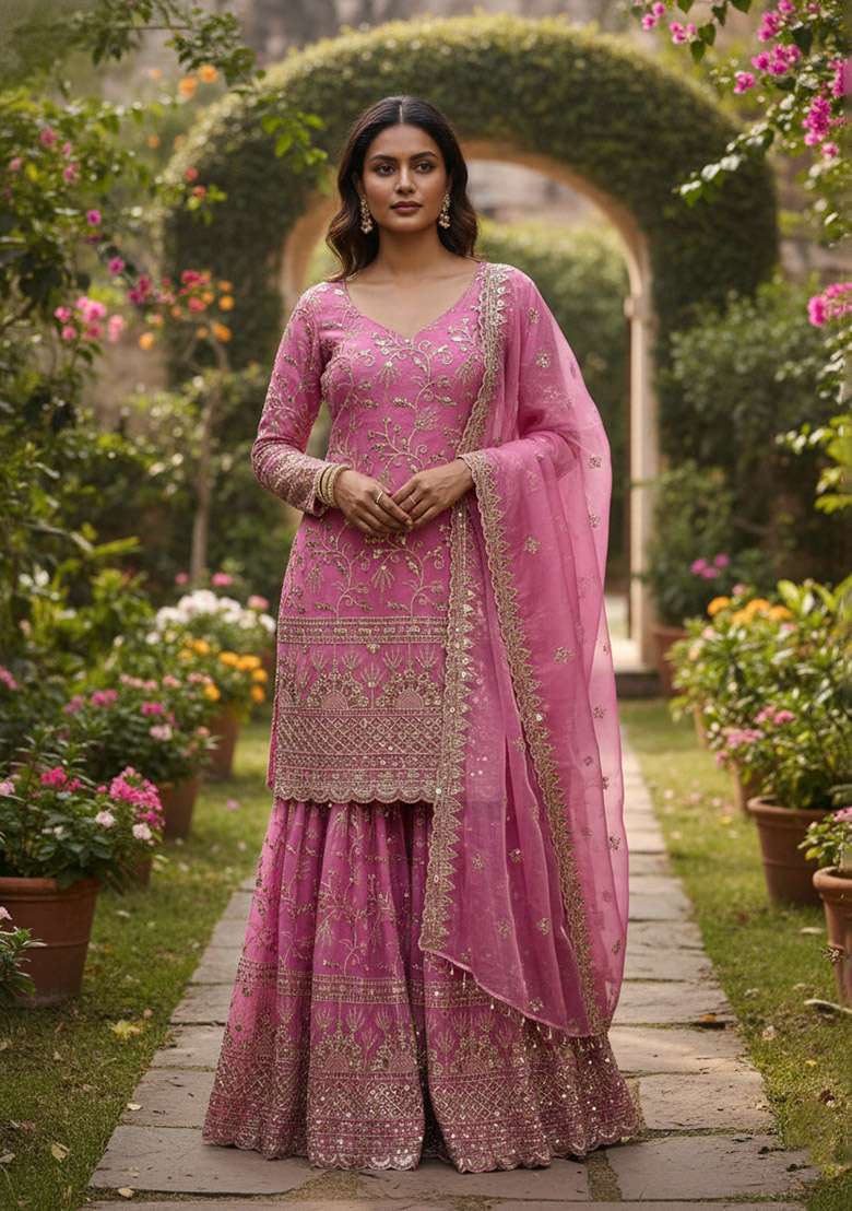 Peach Embroidered Silk Blend Sharara Set - Indya