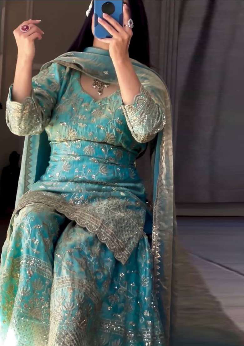 Sky Green Embroidered Silk Blend Sharara Set - Indya