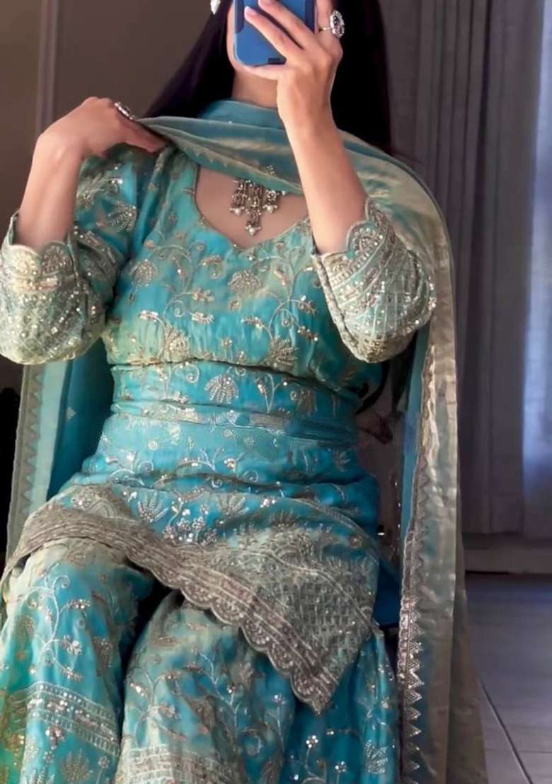 Sky Green Embroidered Silk Blend Sharara Set - Indya