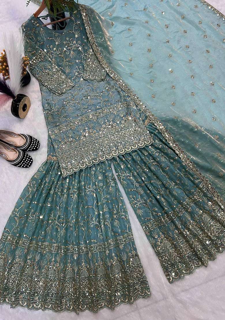 Sky Green Embroidered Silk Blend Sharara Set - Indya