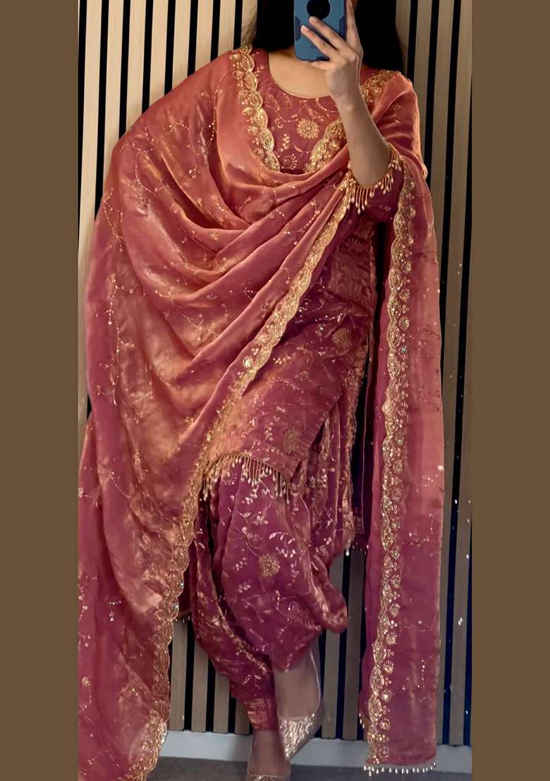 Peach Jacquard Silk Blend Punjabi Suit - Indya
