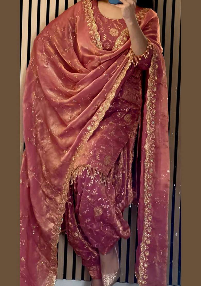 Peach Jacquard Silk Blend Punjabi Suit - Indya