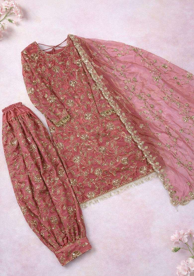 Peach Jacquard Silk Blend Punjabi Suit - Indya