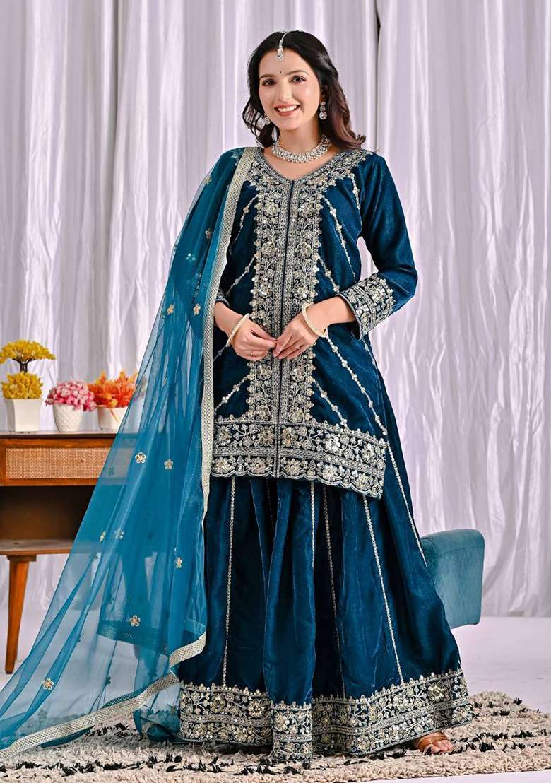 Blue Embroidered Velvet Sharara Set - Indya