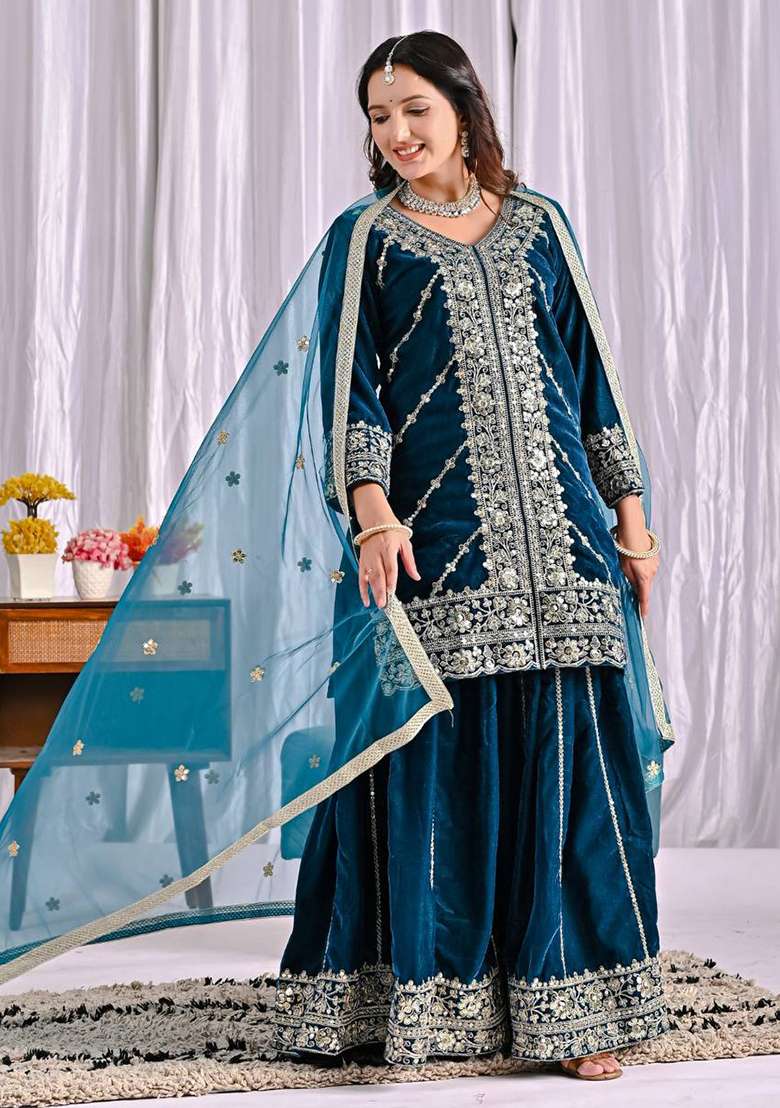 Blue Embroidered Velvet Sharara Set - Indya