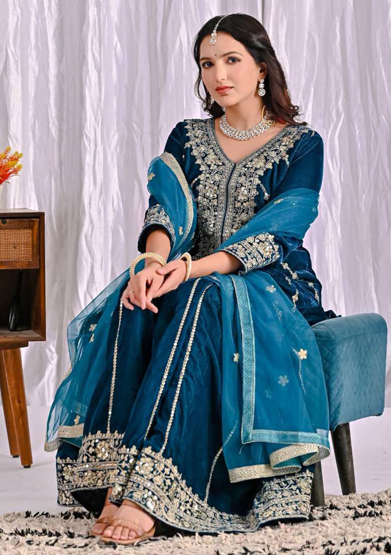 Blue Embroidered Velvet Sharara Set - Indya