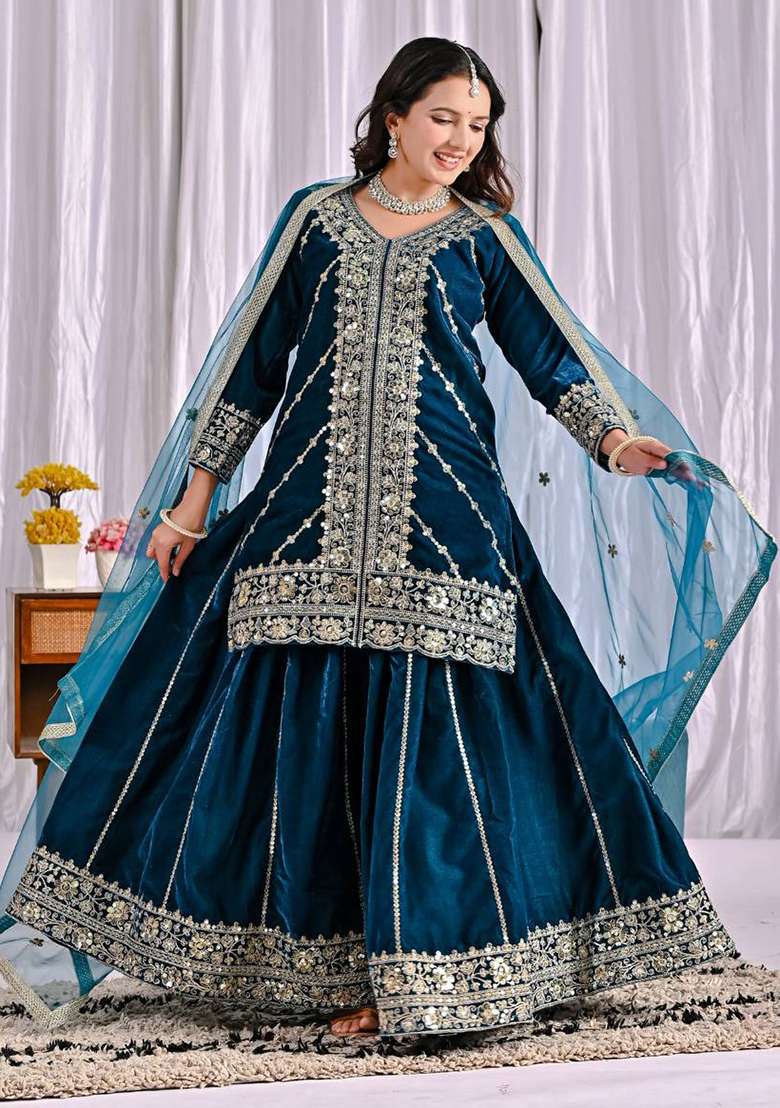 Blue Embroidered Velvet Sharara Set - Indya