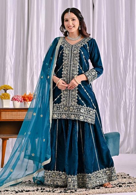Blue Embroidery Viscose Velvet Salwar Suit