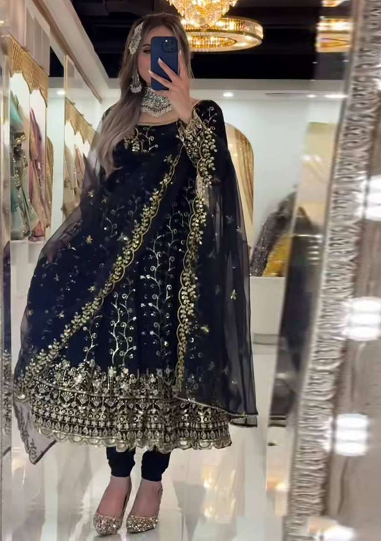 Black Embroidered Georgette Anarkali Set - Indya