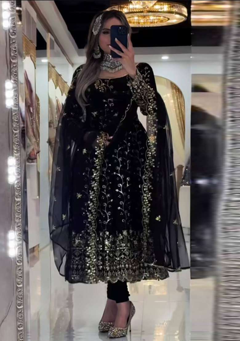 Black Embroidered Georgette Anarkali Set - Indya