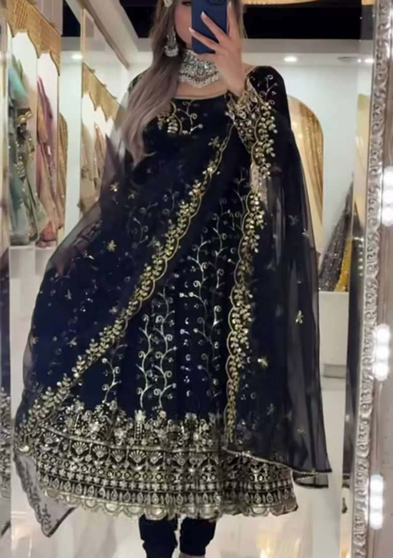 Black Embroidered Georgette Anarkali Set - Indya