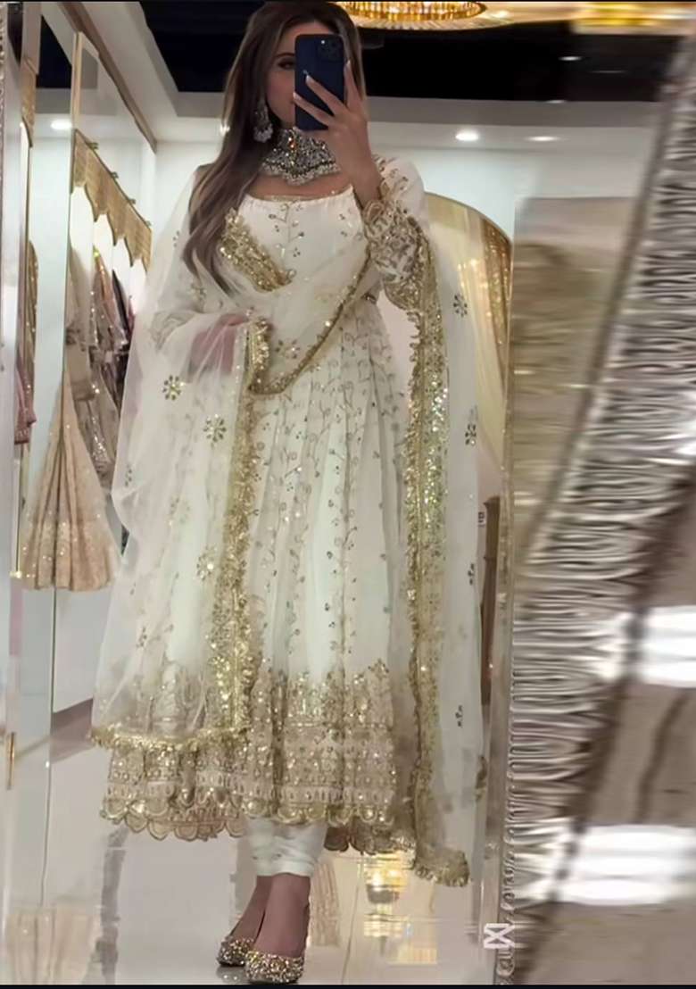 White Embroidery Georgette Salwar Suit - Indya