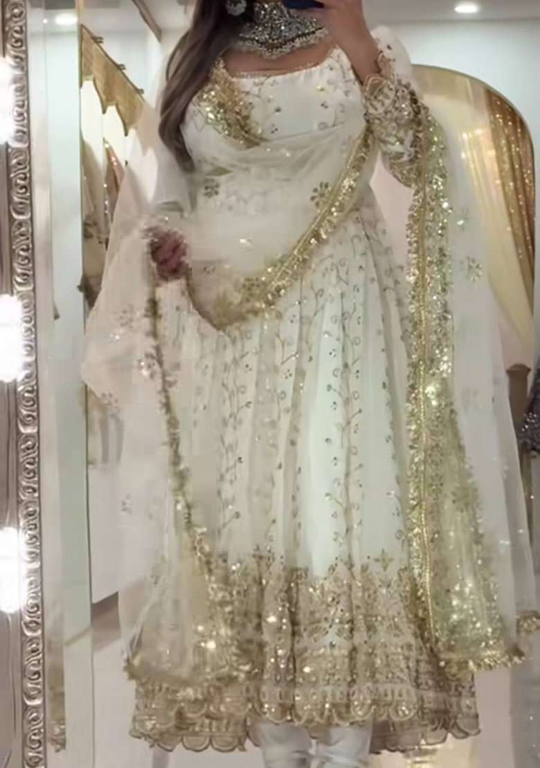 White Embroidery Georgette Salwar Suit - Indya