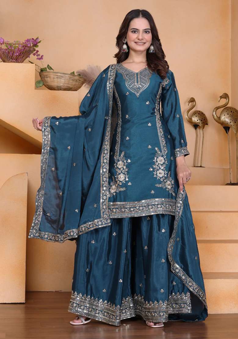 Rama Embroidered Silk Blend Sharara Set - Indya