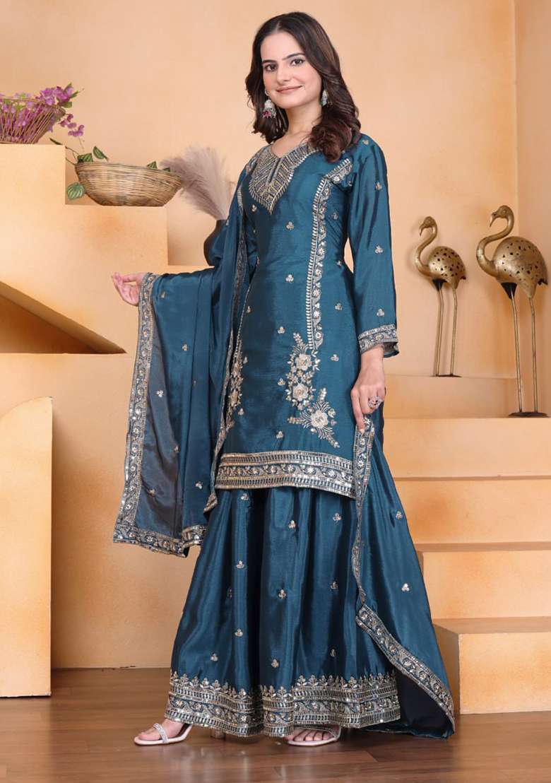 Rama Embroidered Silk Blend Sharara Set - Indya