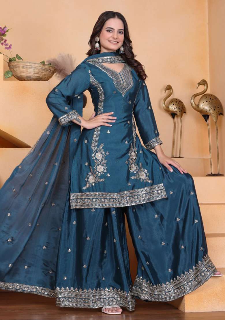 Rama Embroidered Silk Blend Sharara Set - Indya