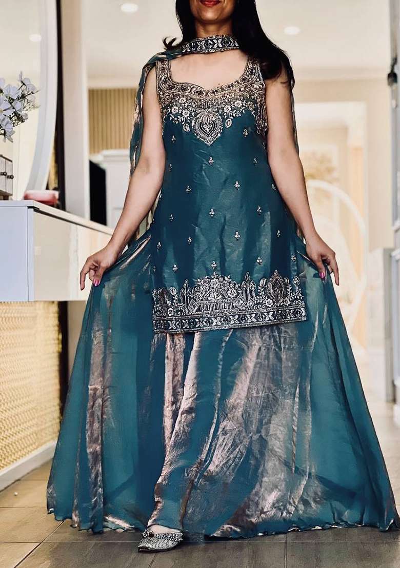 Sky Green Embroidered Silk Blend Sharara Set - Indya