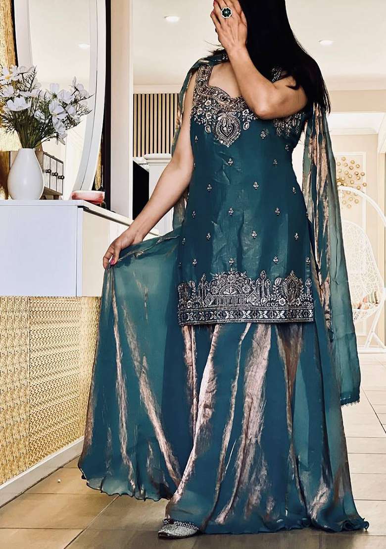 Sky Green Embroidered Silk Blend Sharara Set - Indya
